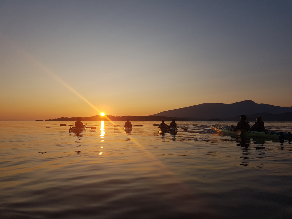 Six kayaks setting out towards the setting sun