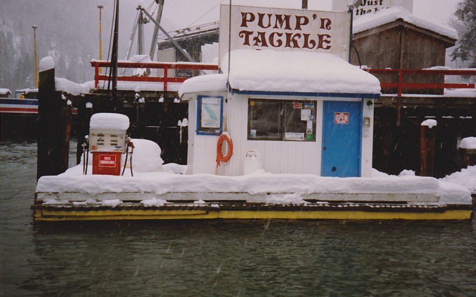 Floating shed and gas pump at a marina
