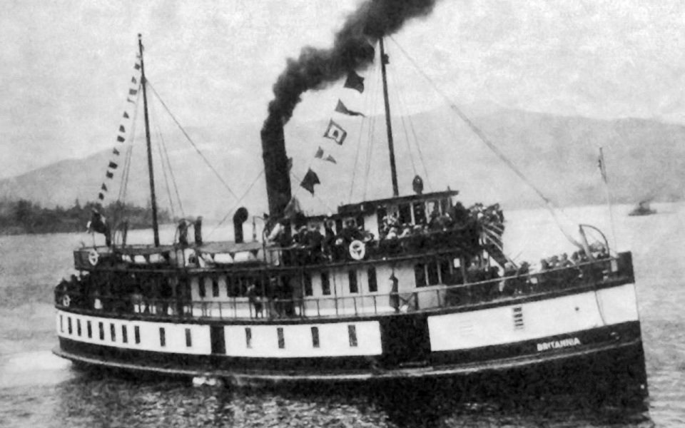 Black and white photo of old steamship with name Britannia