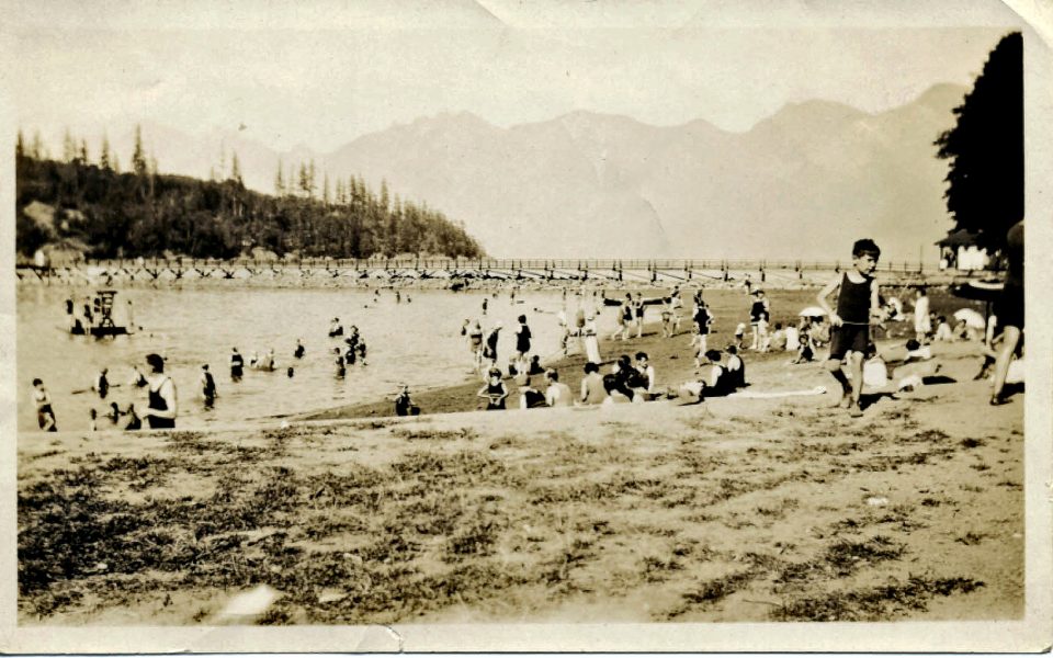 Black and white photo of sandy beach and lagoon