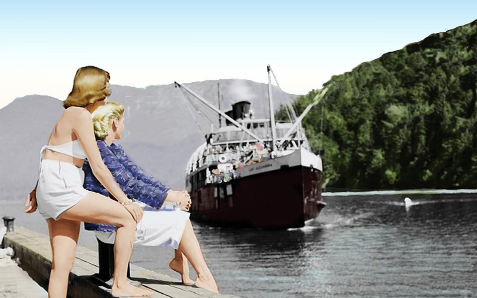 Two women waiting for steamship to dock